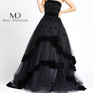 Mac Duggal Velvet Trimmed Strapless Tiered Evening Ballgown
